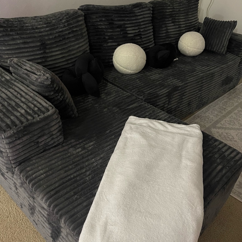 Gray Ribbed Sectional Sofa with Cushions